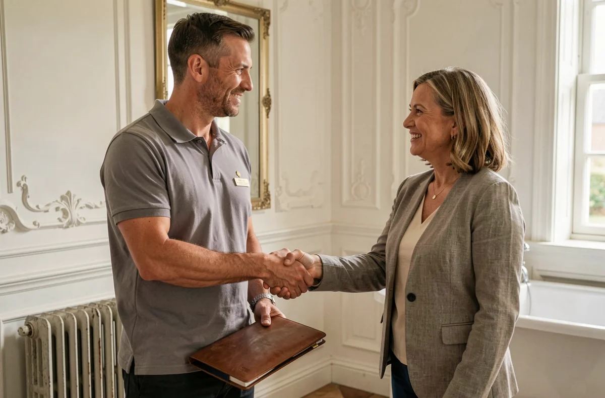 Un artisan certifié de Meilleur-Artisan Yvelines serre la main d'une propriétaire dans une belle salle de bain rénovée dans les Yvelines