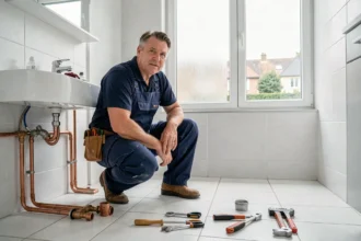 Un plombier professionnel en combinaison de travail bleue marine travaille dans une salle de bain d'un appartement des Yvelines, entouré d'outils de plomberie et de tuyaux en cuivre