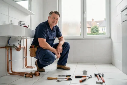 Un plombier professionnel en combinaison de travail bleue marine travaille dans une salle de bain d'un appartement des Yvelines, entouré d'outils de plomberie et de tuyaux en cuivre
