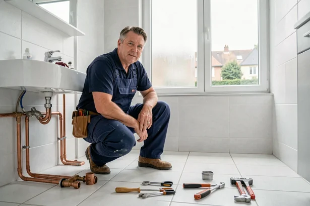 Un plombier professionnel en combinaison de travail bleue marine travaille dans une salle de bain d'un appartement des Yvelines, entouré d'outils de plomberie et de tuyaux en cuivre