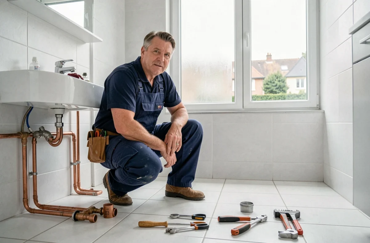 Un plombier professionnel en combinaison de travail bleue marine travaille dans une salle de bain d'un appartement des Yvelines, entouré d'outils de plomberie et de tuyaux en cuivre