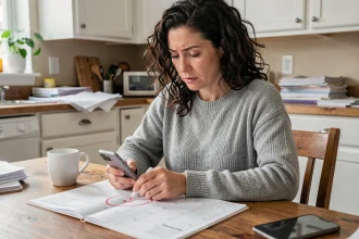 Mère consultant un calendrier papier à la table de cuisine pour organiser les semaines impaires 2026