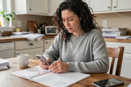 Mère consultant un calendrier papier à la table de cuisine pour organiser les semaines impaires 2026