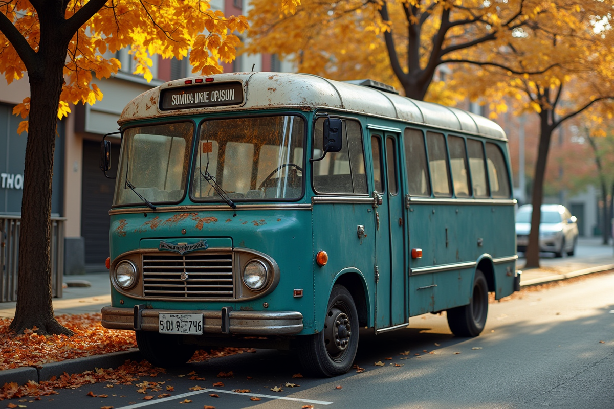 Minibus d occasion sur une rue automnale en journée