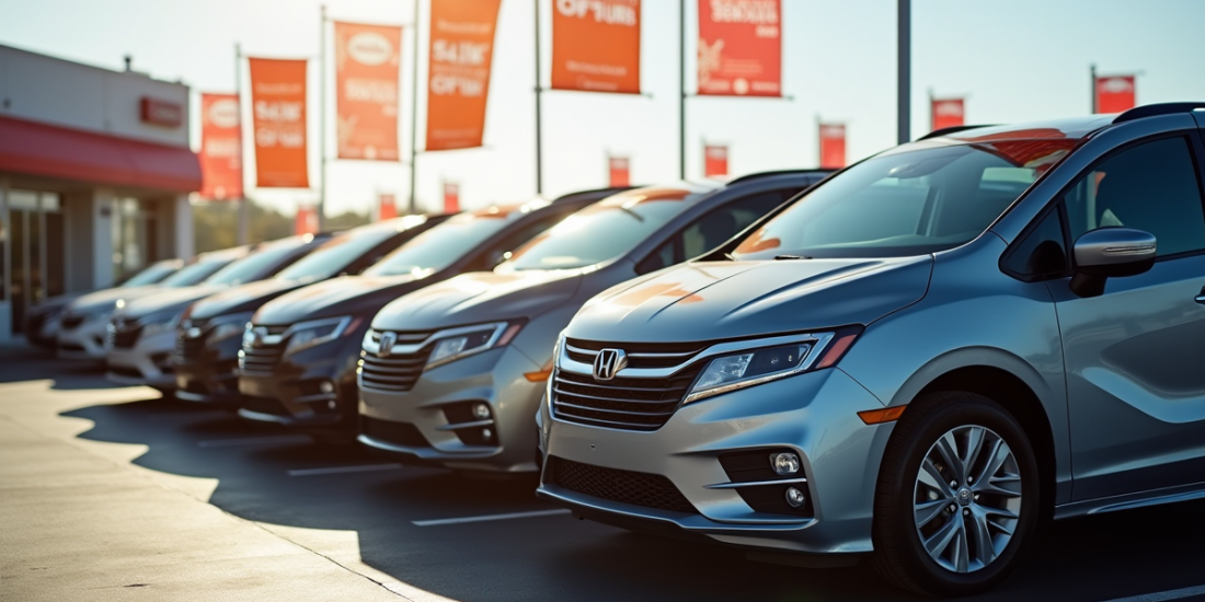 Ligne de minivans neufs dans une concession avec offres