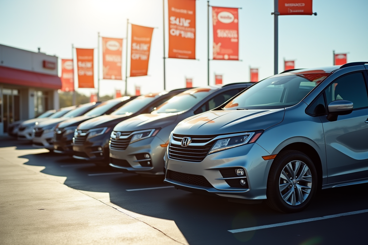 Ligne de minivans neufs dans une concession avec offres