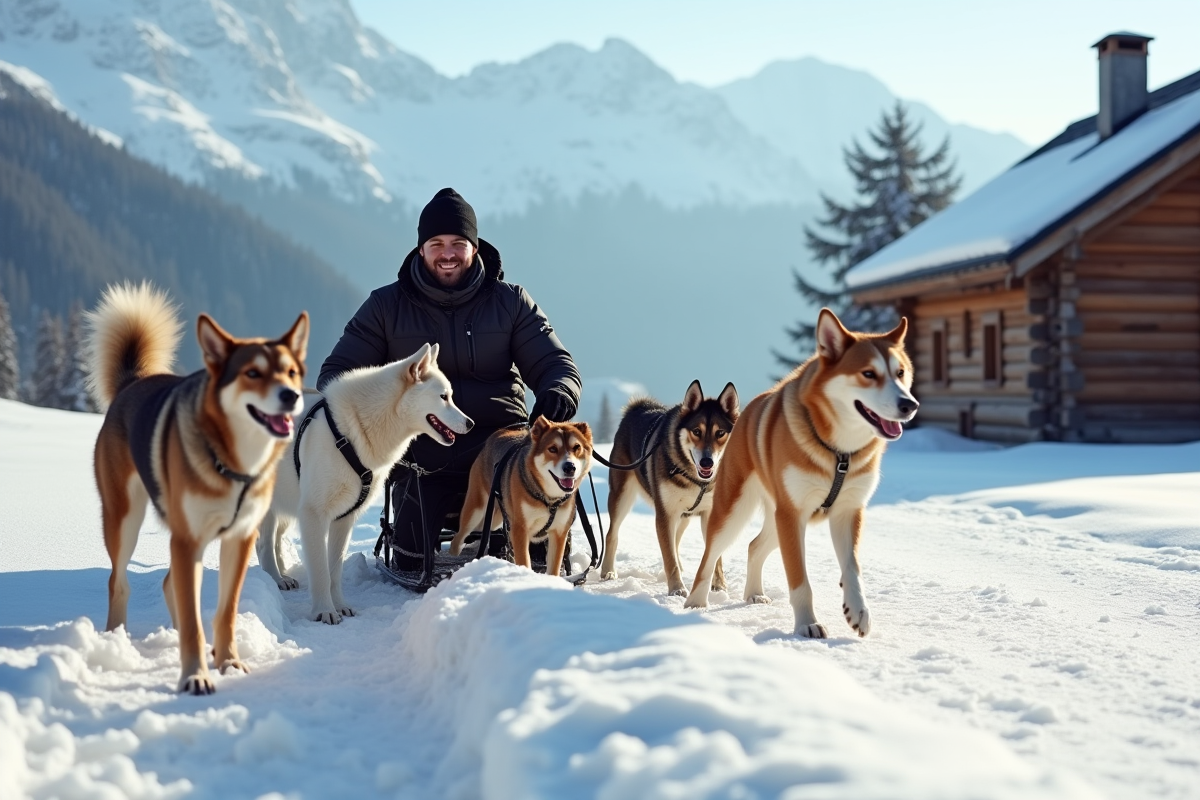 Moment joyeux entre musher et chiens de traineau dans un chalet alpin