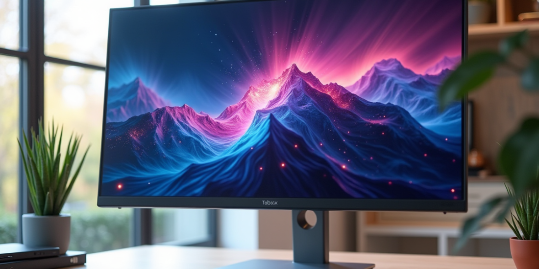 Moniteur moderne affichant des visuels 1440p sur un bureau minimaliste