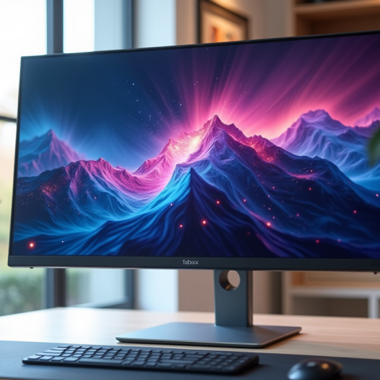 Moniteur moderne affichant des visuels 1440p sur un bureau minimaliste