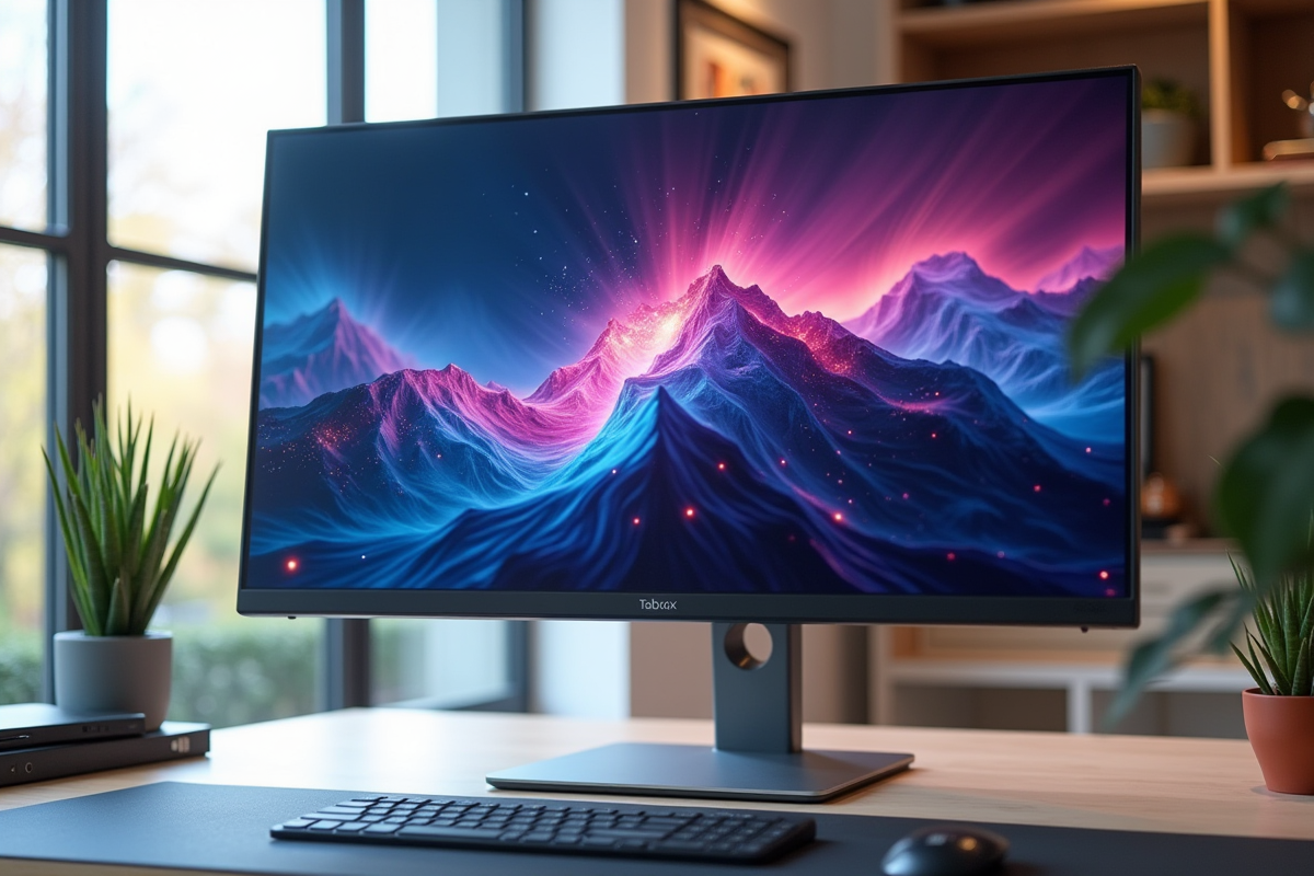 Moniteur moderne affichant des visuels 1440p sur un bureau minimaliste
