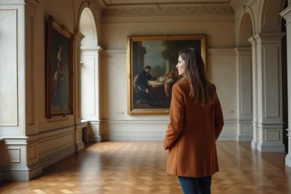 Femme explorant une exposition dans un musée de Strasbourg par temps de pluie