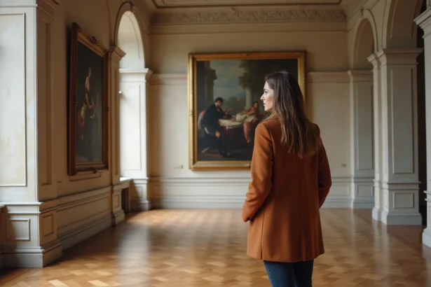 Femme explorant une exposition dans un musée de Strasbourg par temps de pluie