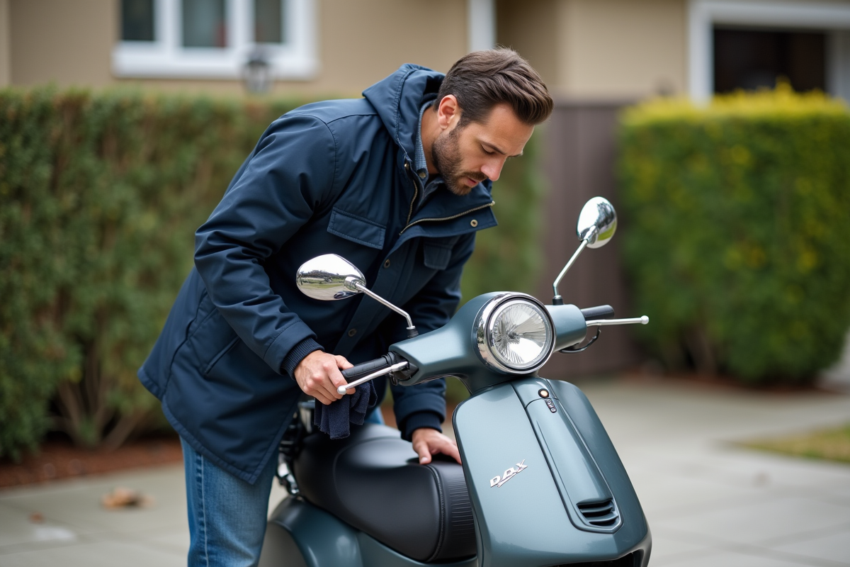 Homme nettoyant son scooter Dax en extérieur