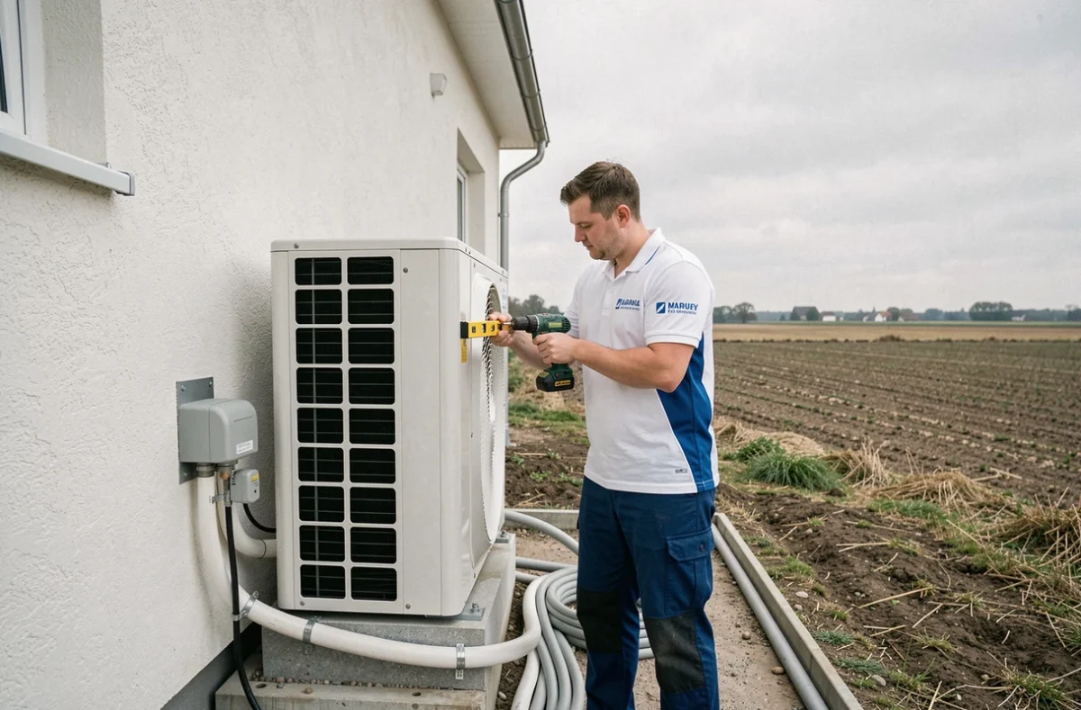 Technicien Novoclim installant une pompe à chaleur sur une maison de la Marne avec vue sur la plaine champenoise
