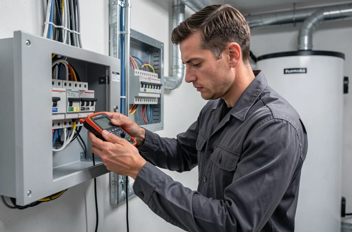 Chauffagiste spécialisé Odene Damien testant les connexions électriques d'un tableau de chauffage dans la Marne