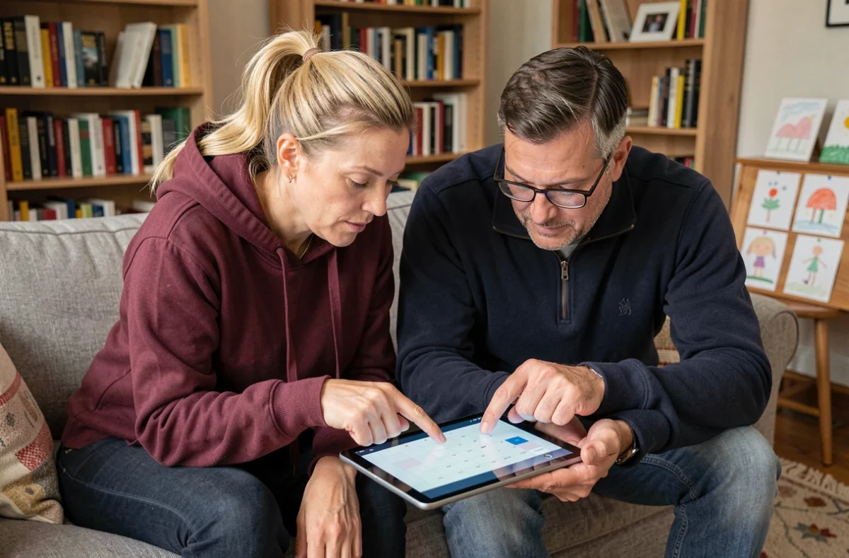 Couple de parents consultant un calendrier numérique sur tablette pour planifier les semaines impaires 2026
