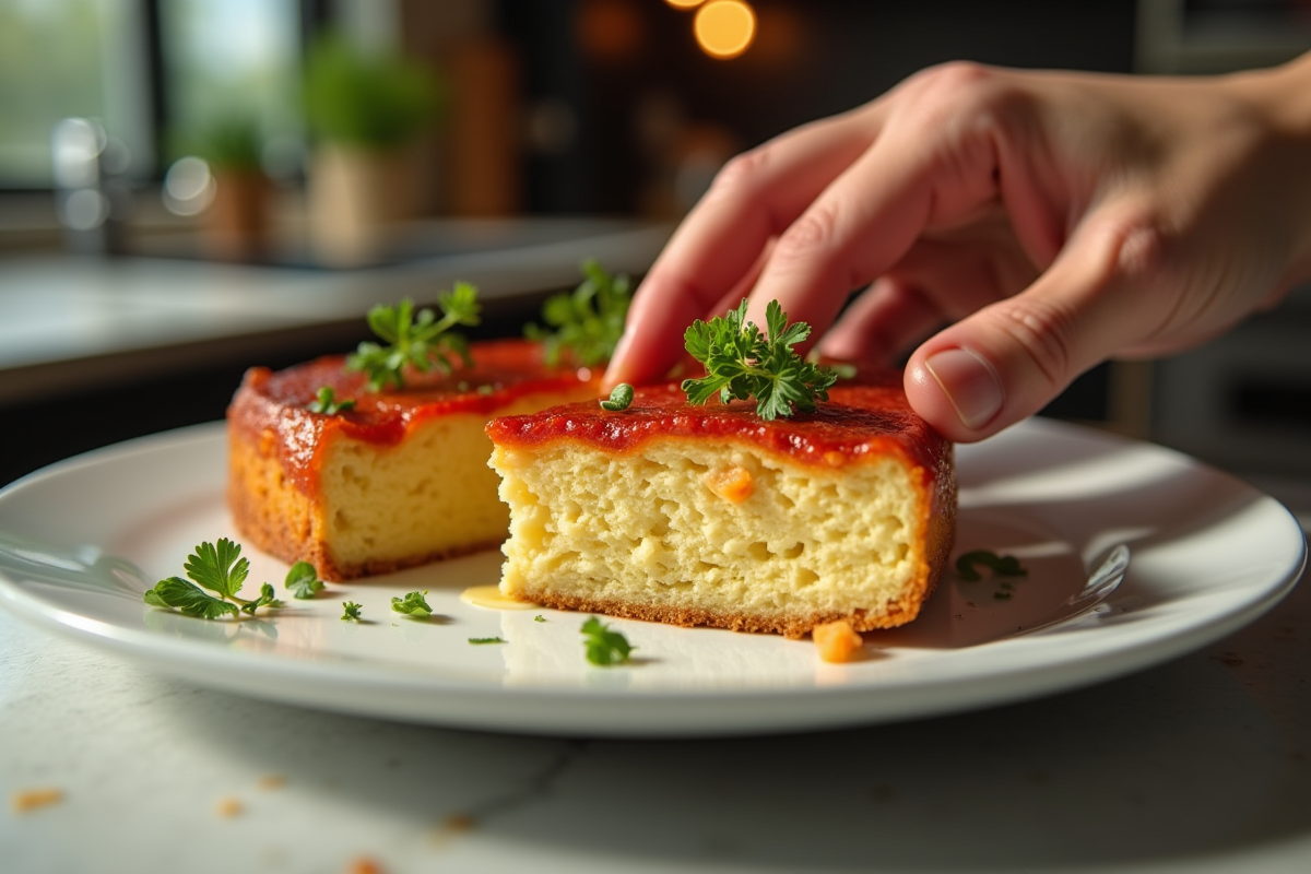 Partage de gâteau de chorizo et chèvre avec mains et herbes