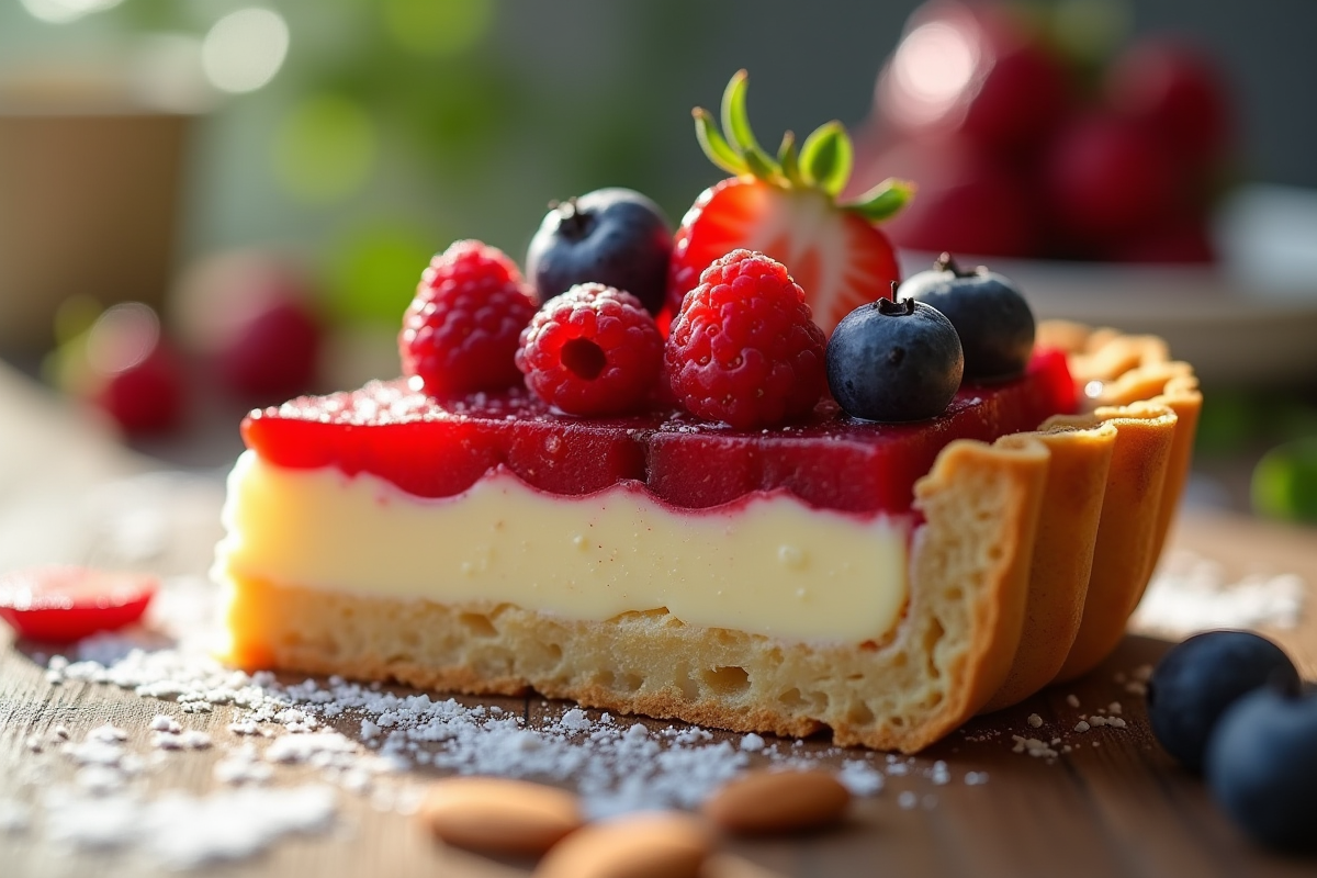 Tranche de tarte aux fruits avec baies brillantes et crème d