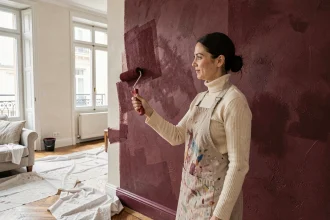 Femme appliquant de la peinture bordeaux sur un mur en cours de rénovation dans un salon parisien