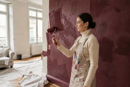 Femme appliquant de la peinture bordeaux sur un mur en cours de rénovation dans un salon parisien