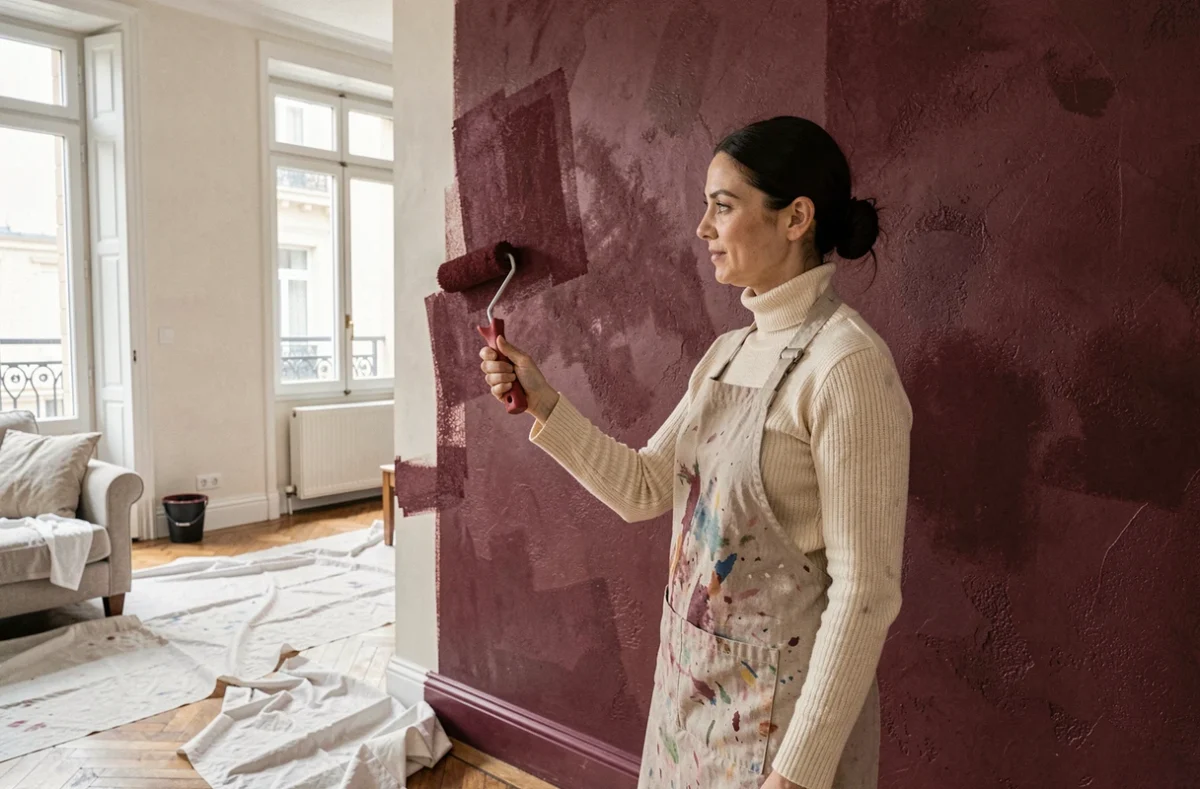 Femme appliquant de la peinture bordeaux sur un mur en cours de rénovation dans un salon parisien