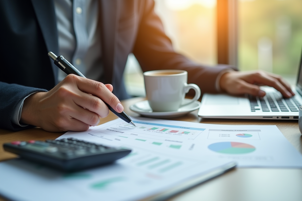 Personne examinant documents financiers et remplissant une declaration fiscale