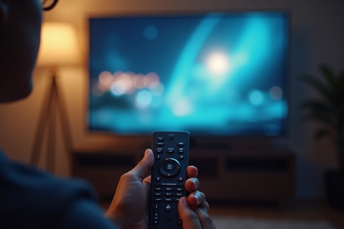 Personne tenant une télécommande face à un écran 4K ultrahd