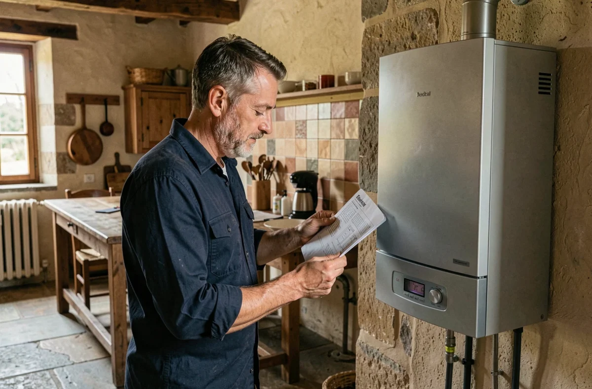 Chauffagiste artisan Piat Jean-Sébastien consultant la notice d'une chaudière murale dans une ferme de la Marne