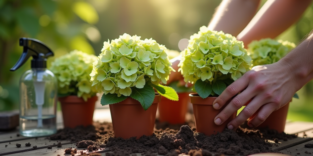 Mains plantant des hortensias verts en pots sur une table en bois
