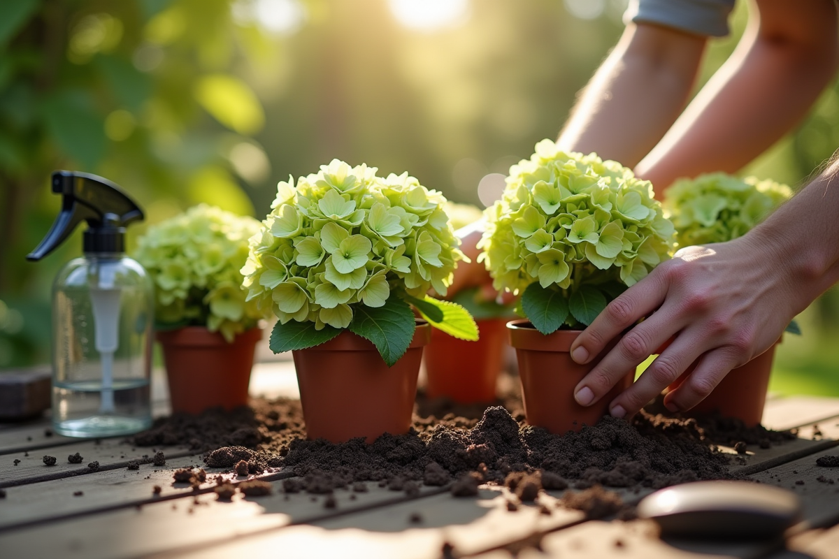 Mains plantant des hortensias verts en pots sur une table en bois
