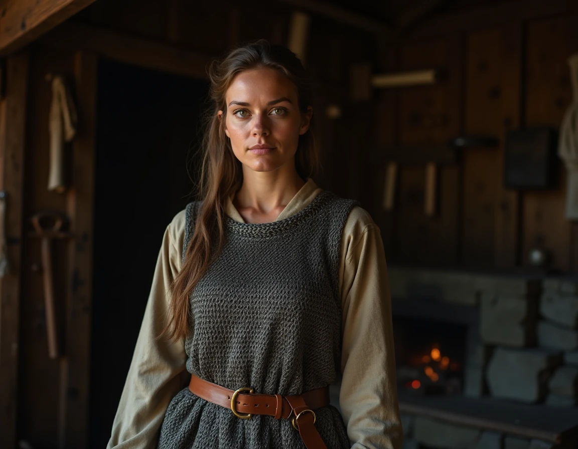 Portrait rapproché d'une femme viking en cotte de mailles dans un longhall nordique, regard déterminé évoquant la force et l'indépendance de Lagertha