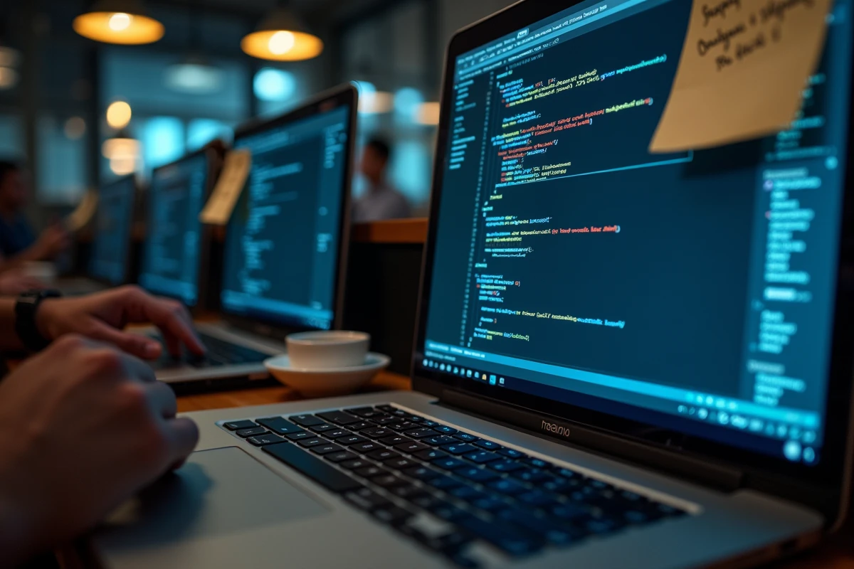 Poste de travail d'un expert en cybersécurité avec terminal de commandes et annotations d'analyse de plateforme suspecte