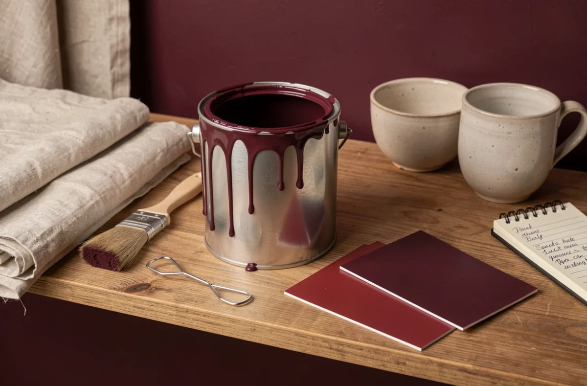 Pot de peinture bordeaux ouvert avec des échantillons de couleur et un pinceau sur une étagère en bois