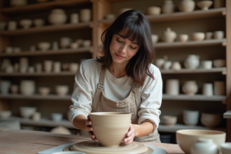 Jeune femme façonnant une pièce en argile sur un tour de potier
