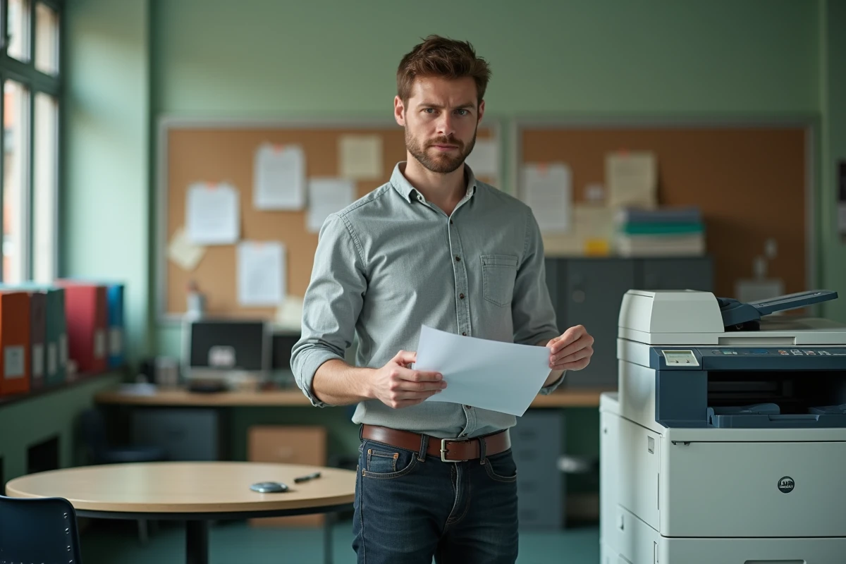 Professeur certifié consultant sa fiche de paie dans la salle des professeurs, illustration du niveau de rémunération des enseignants certifiés