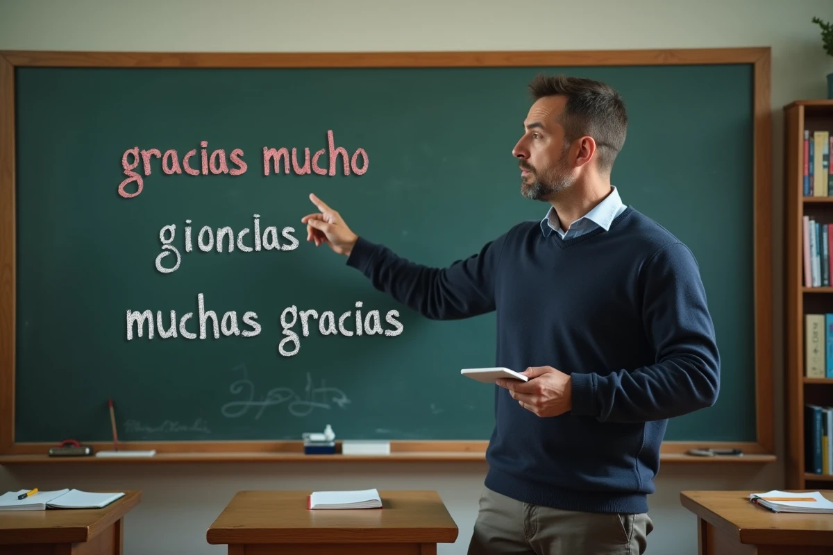 Professeur d'espagnol expliquant la différence entre 'gracias mucho' et 'muchas gracias' devant un tableau noir en classe