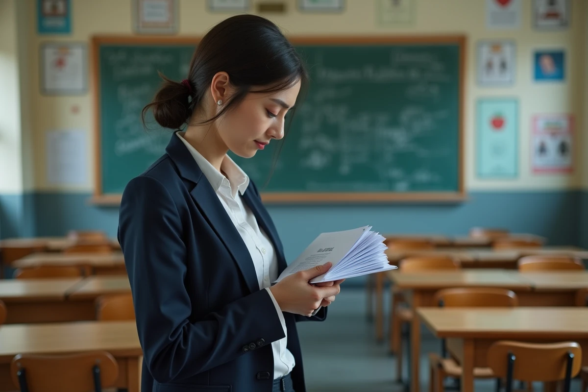 Professeure certifiée dans une salle de classe tenant des copies corrigées, illustrant le quotidien et le salaire d'un enseignant certifié en France