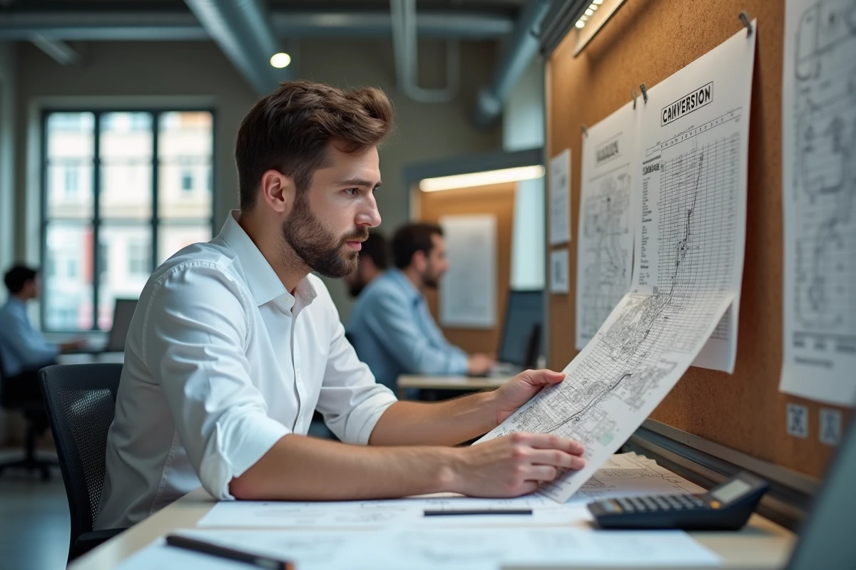 Jeune professionnel étudiant un tableau de conversion hectares en m2 dans un espace de travail moderne avec des cartes cadastrales