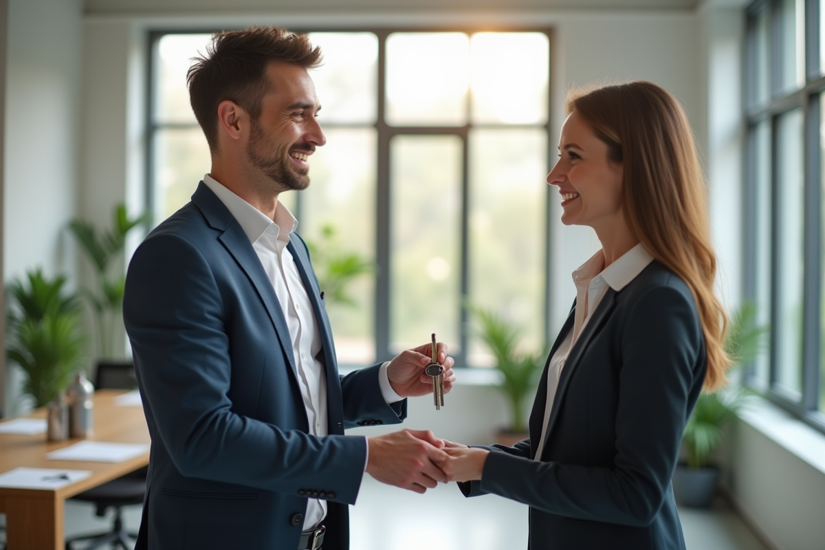 Remise de clés entre professionnel et clients souriants dans un bureau lumineux