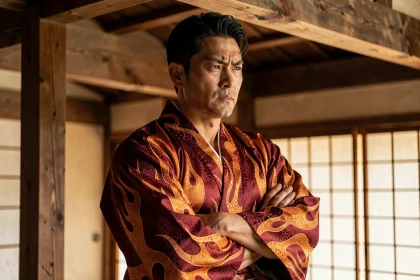 Portrait d'un guerrier japonais en kimono flamboyant rouge et orange évoquant le personnage de Rengoku, regard déterminé et posture fière dans un dojo traditionnel