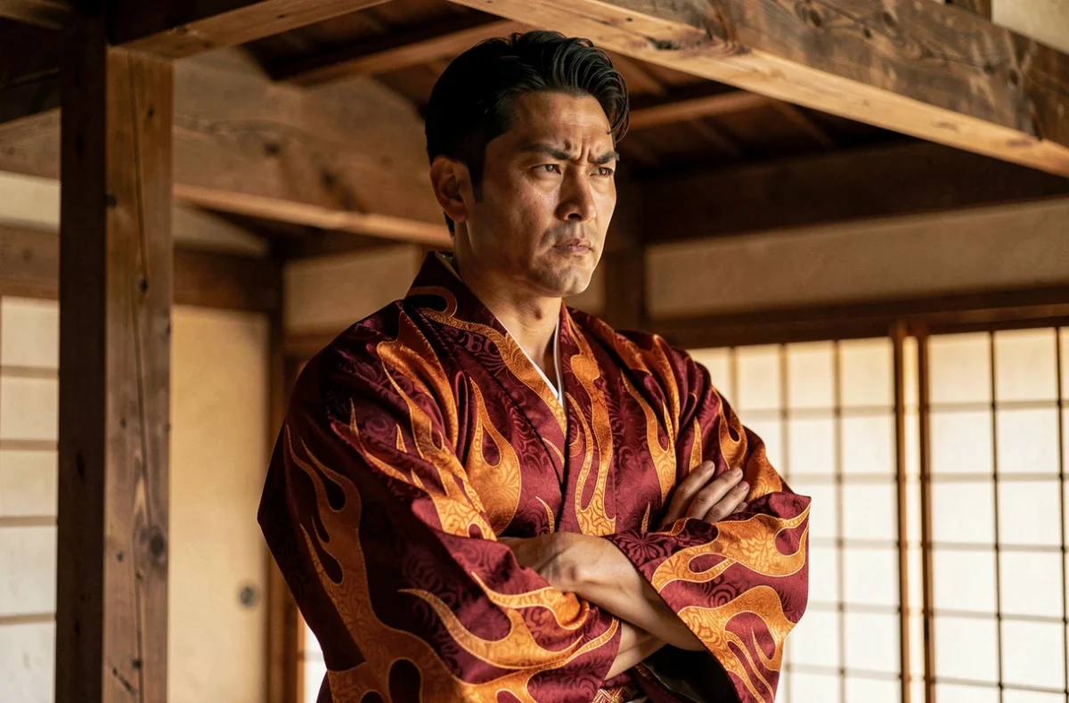 Portrait d'un guerrier japonais en kimono flamboyant rouge et orange évoquant le personnage de Rengoku, regard déterminé et posture fière dans un dojo traditionnel