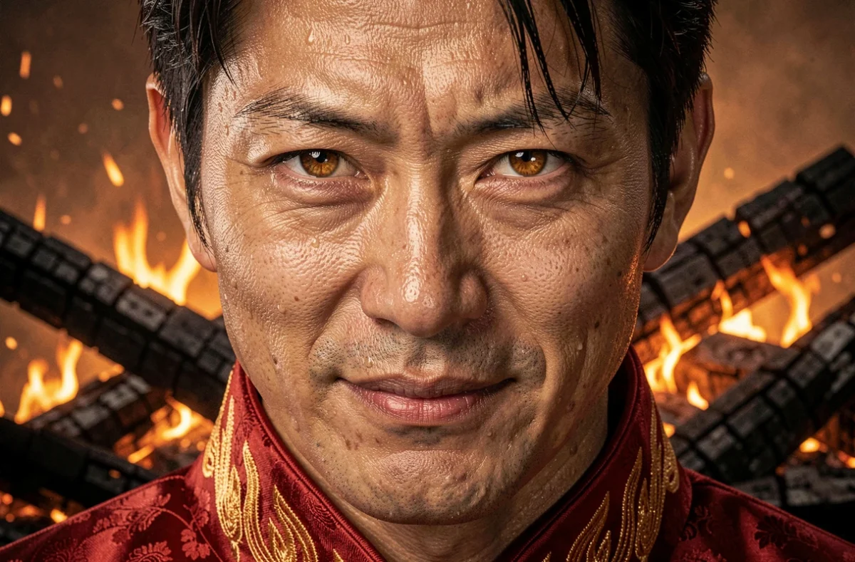 Gros plan expressif sur le visage d'un guerrier japonais aux yeux dorés et au sourire résolu, col brodé de flammes en soie rouge, braises rougeoyantes en arrière-plan symbolisant le sacrifice héroïque de Rengoku
