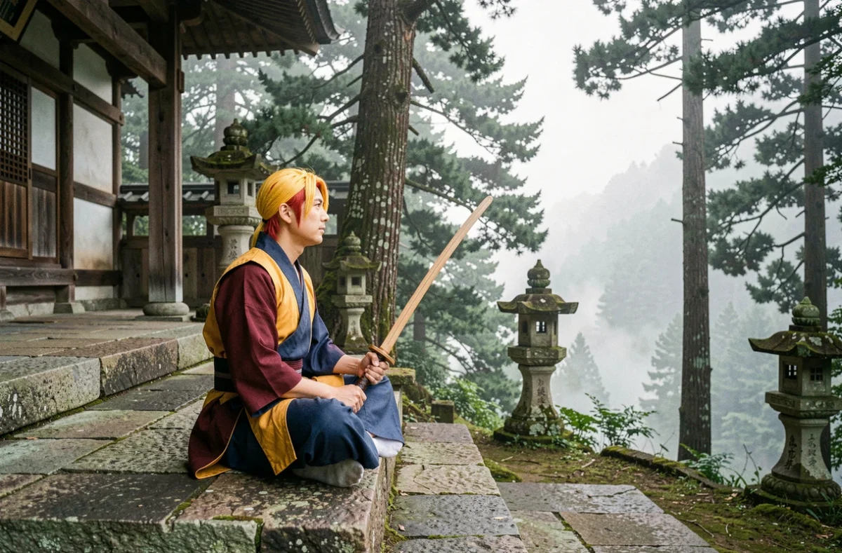 Guerrier en méditation sur les marches d'un temple japonais de montagne, sabre en bois posé sur les genoux, brume et cèdres anciens en arrière-plan évoquant le sacrifice et la détermination de Rengoku