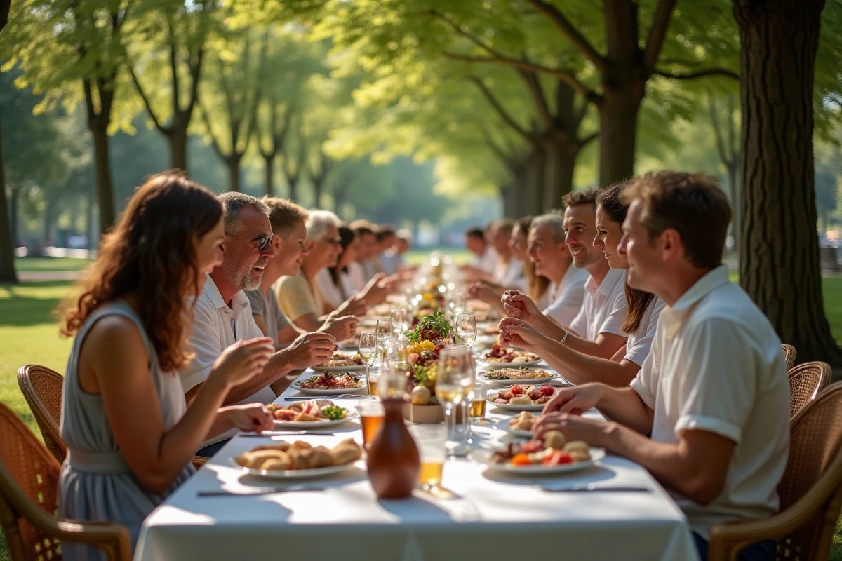 Tablée conviviale en plein air sous des châtaigniers lors d'un repas de fête de village français avec charcuterie et vin local