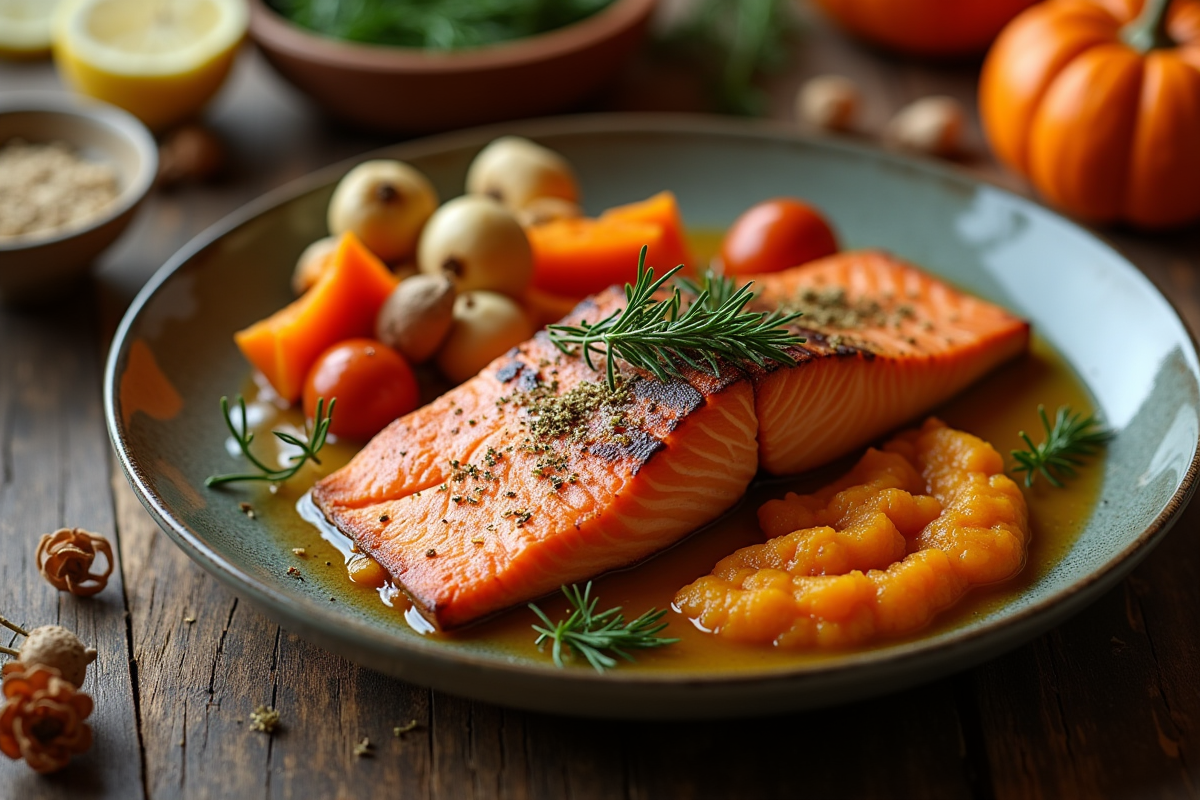Repas d automne avec saumon rôti et légumes racines