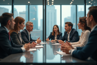 Groupe d'adultes en réunion dans un bureau moderne