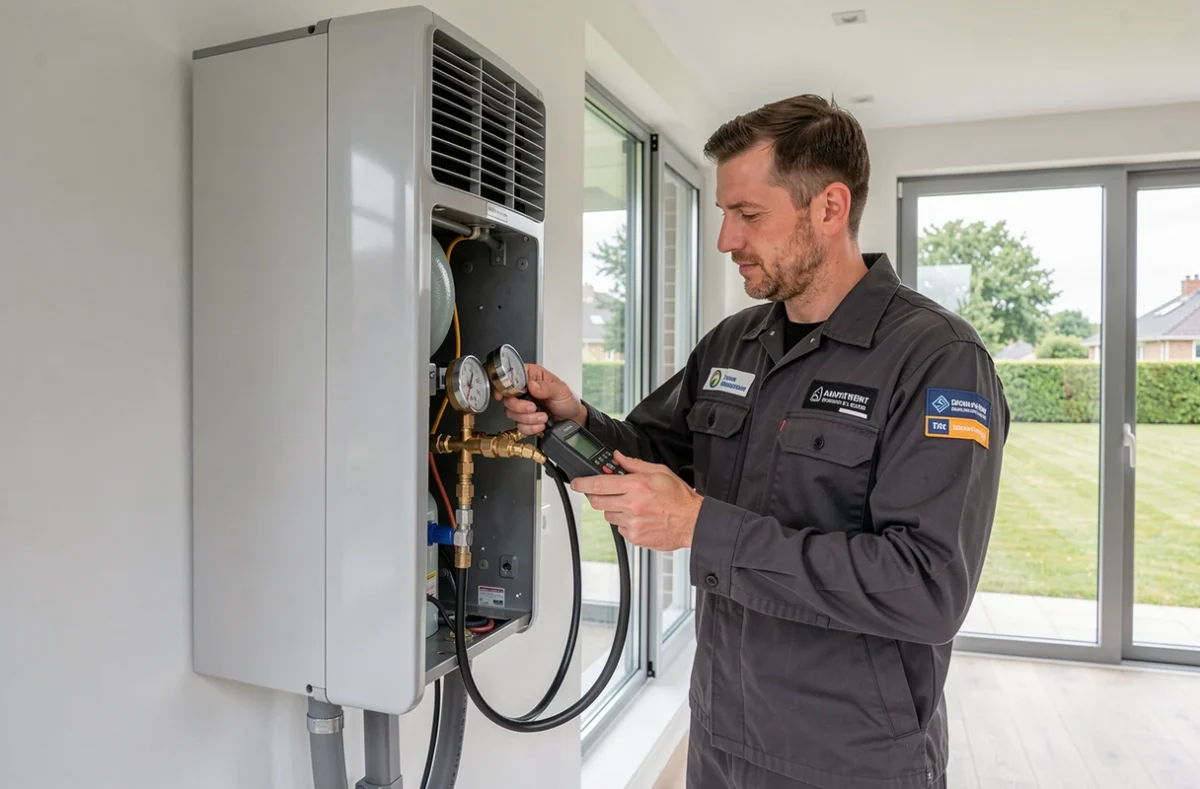 Un technicien de R.H Plomberie et Climatisation vérifie une unité de climatisation murale dans une maison moderne des Yvelines