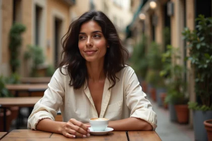 Jeune femme aux origines méditerranéennes et maghrébines assise dans un café parisien, illustrant les racines arabes et culturelles de Sabrina Medjebeur