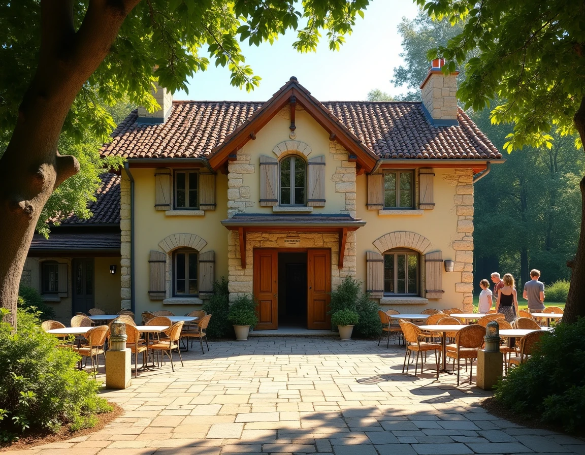 Extérieur de la Salle de la Cassadote en Gironde, salle communautaire en pierre avec terrasse ombragée et ambiance conviviale estivale