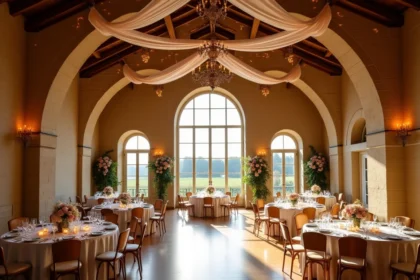 Vue d'ensemble d'une salle de réception élégante en Gironde, décorée pour un mariage avec des tables dressées et des fenêtres donnant sur les vignes